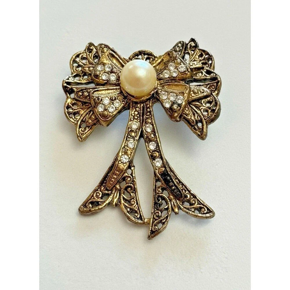 Vintage Gold Tone Bow Brooch Faux Pearl & Rhinestones 1.5 Inch